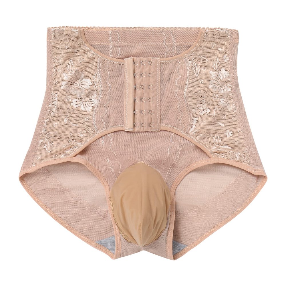 ABAFIP Men's Tummy Control Shapewear Underwear High Waist Body Shaper Slimmming Girdle Waist Cinchers Waist Trainer Corset Lace Briefs Crossdress Lingerie Apricot Large(US Small)
