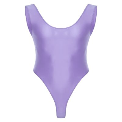 Hularka Men's Glossy Stretchy Bodysuit Swimwear Skinny Backless Sleeveless Vest Leotard Underwear Light Purple X-Large