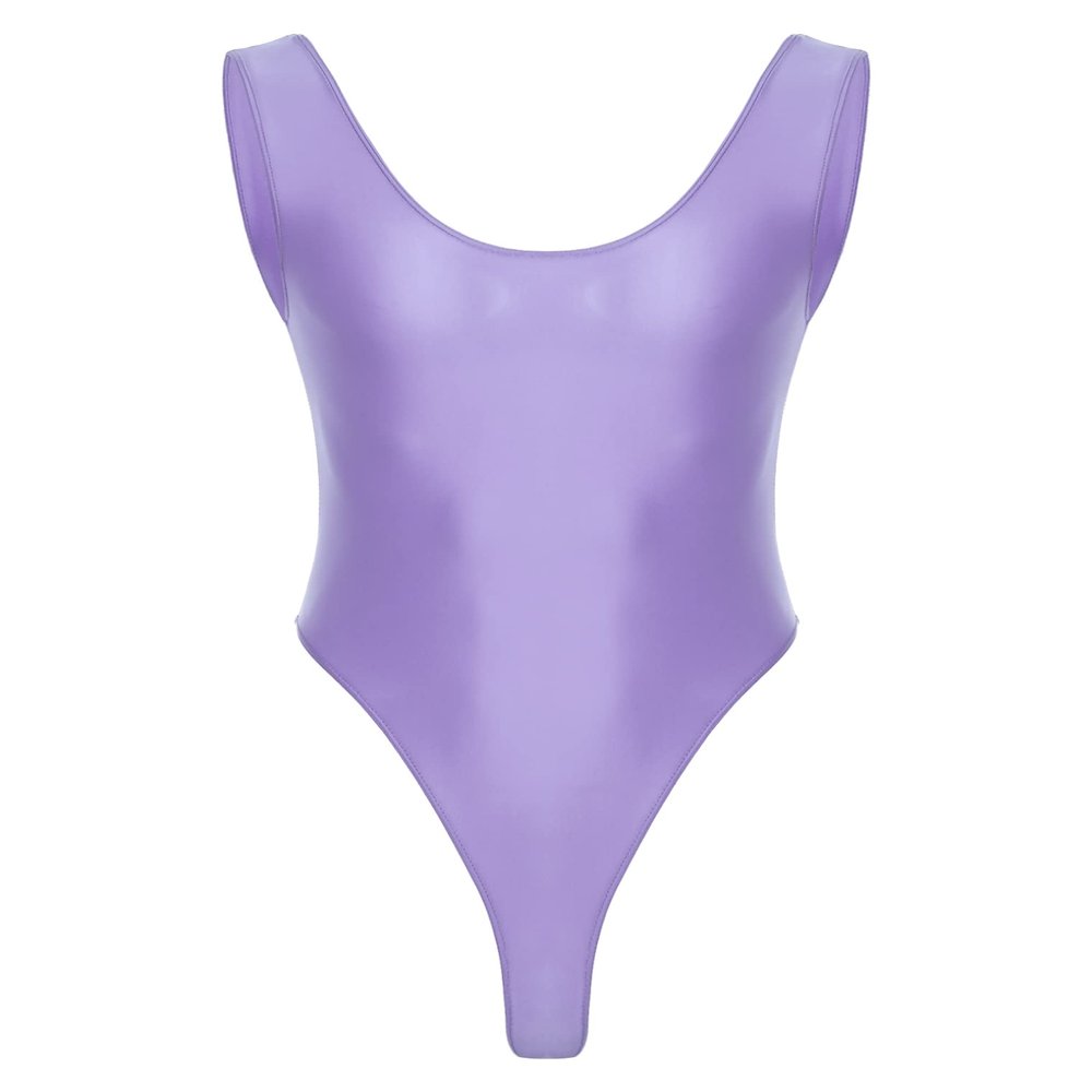 Hularka Men's Glossy Stretchy Bodysuit Swimwear Skinny Backless Sleeveless Vest Leotard Underwear Light Purple X-Large