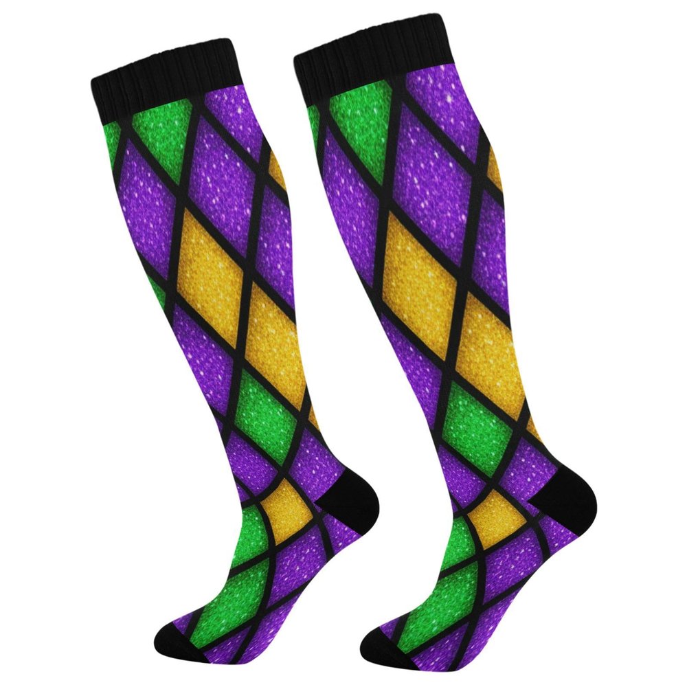 Wusikd Mardi Gras Shiny Compression Socks for Women and Men Circulation Green Purple Plaid Long Socks for Athletic Running 1