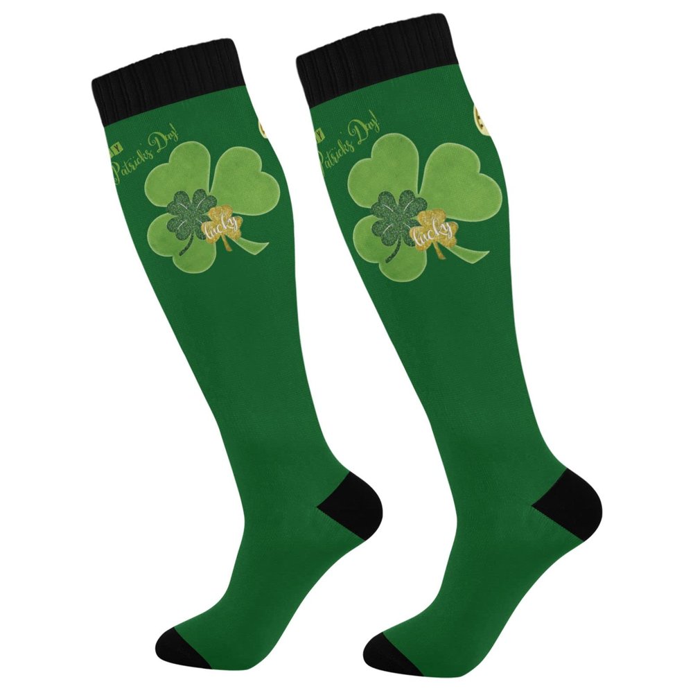 Wusikd St Patrick Shamrock Compression Socks for Women and Men Circulation Gold Glitter Green Long Socks for Athletic Running 1