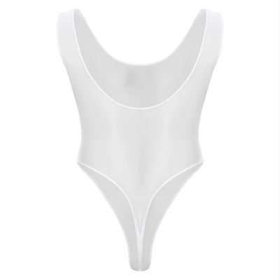 Hularka Men's Glossy Stretchy Bodysuit Swimwear Skinny Backless Sleeveless Vest Leotard Underwear White X-Large