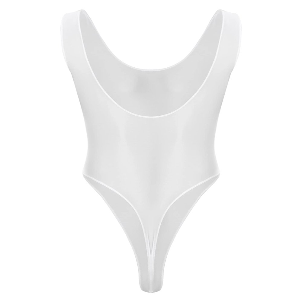 Hularka Men's Glossy Stretchy Bodysuit Swimwear Skinny Backless Sleeveless Vest Leotard Underwear White X-Large