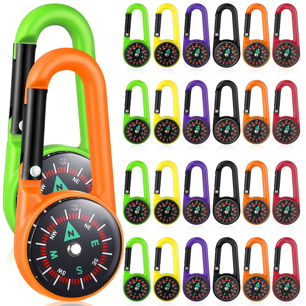 24 Pieces Carabiner Compass Keychain Bulk Carabiner Belt Clips Map Project Prizes Toys for Hiking, Camping Theme Party Favors