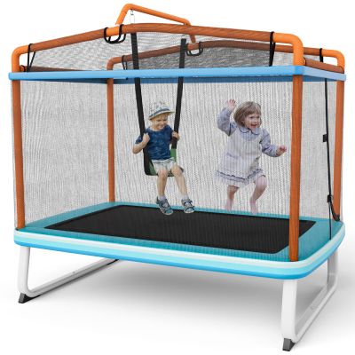 Giantex 6Ft Kids Trampoline with Swing and Horizontal Bar, ASTM Approved Small Trampoline with Net, L-Shaped 2 Way Zippers, Indoor Outdoor Rectangle Toddler Trampolines for Kids Age 3+ (Blue/Orange)