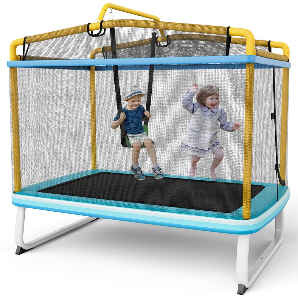Giantex 6Ft Kids Trampoline with Swing and Horizontal Bar, ASTM Approved Small Trampoline with Net, L-Shaped 2 Way Zippers, Indoor Outdoor Rectangle Toddler Trampolines for Kids Age 3+ (Blue/Yellow)