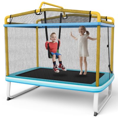 Goplus 3-in-1 6FT Kids Trampoline with Swing and Horizontal Bar, Mini Toddler Trampoline w/Enclosure Safety Net, Seamless Spring Cover, Outdoor Indoor ASTM Approved Rectangle Trampoline (Blue+Yellow)