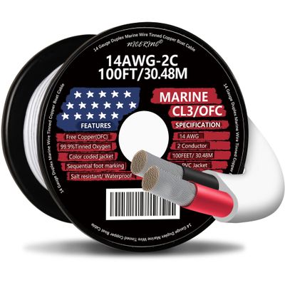 14 Gauge Duplex Marine Wire Tinned Copper Boat Cable, 100ft 14 AWG Standard USA OFC Oxygen Free Copper Wire for Outdoors/Automotive/Boat/Speakers/Solar/RV/Camper/Trailer