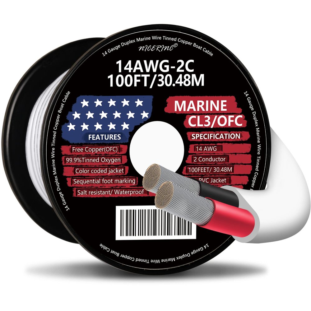14 Gauge Duplex Marine Wire Tinned Copper Boat Cable, 100ft 14 AWG Standard USA OFC Oxygen Free Copper Wire for Outdoors/Automotive/Boat/Speakers/Solar/RV/Camper/Trailer