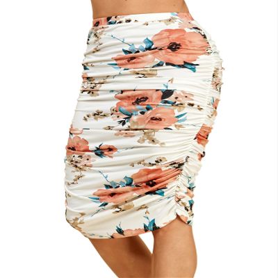 MBJ WB1147 Womens Elegant High Waist Pencil Skirt with Side Shirring XXXL White_Floral
