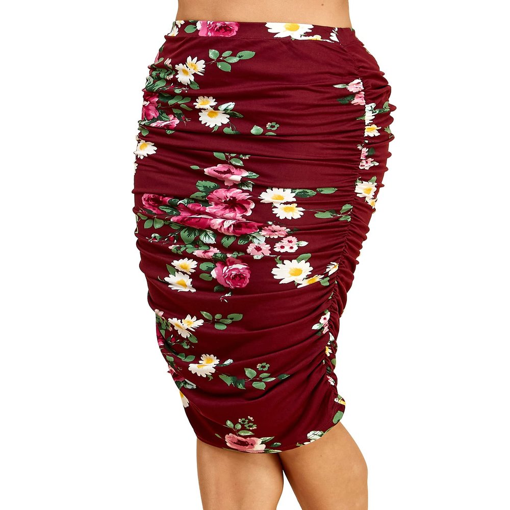 MBJ WB1147 Womens Elegant High Waist Pencil Skirt with Side Shirring L Wine_Floral