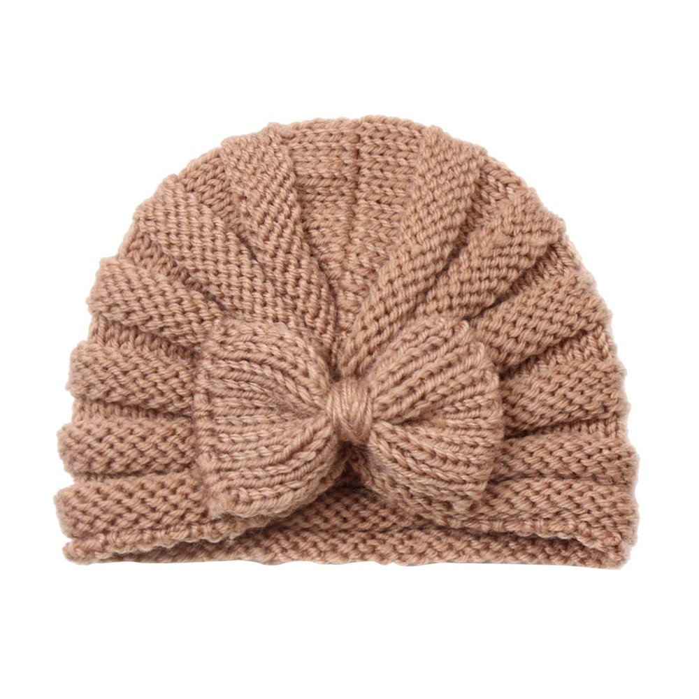 Toddler Infant Baby Boys Girls Knitted Cap Beaniess Solid Cotton Bowknot Elastics Turban Hat Kids (Coffee, One Size)
