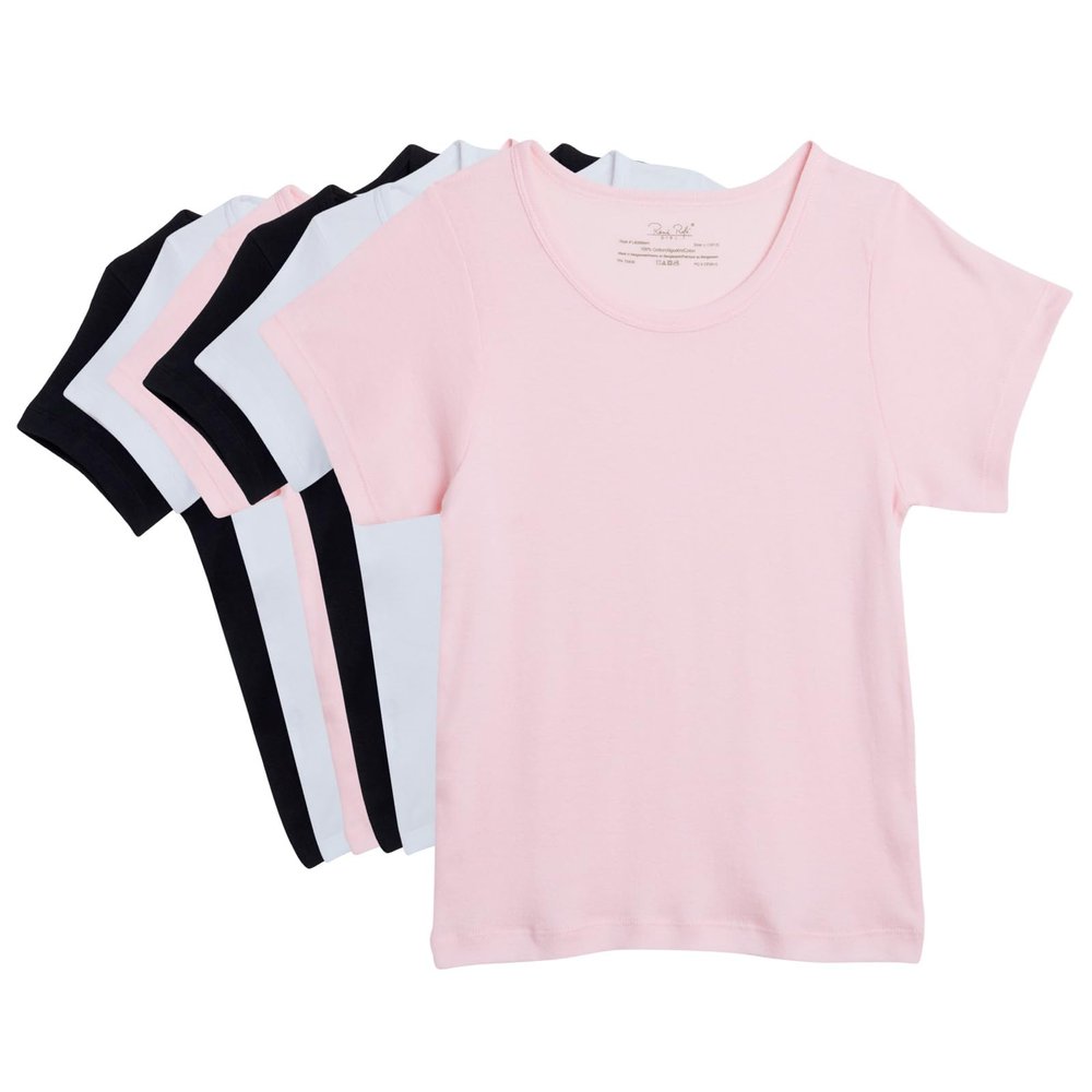 Rene Rofe Girls Undershirt - 6 Pack 100% Cotton Tag Free Super Soft Short Sleeve Crew Neck Shirts for Girls, Size 7-8, Pink/White/Black