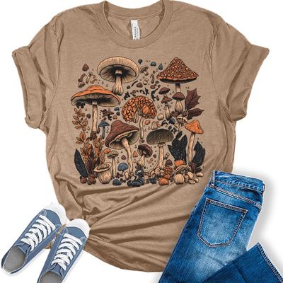 GyftWear Womens's Mushroom Shirt Cottagecore T Shirts Cute Mushroom Clothes Graphic Aesthetic Shirt Heather Tan
