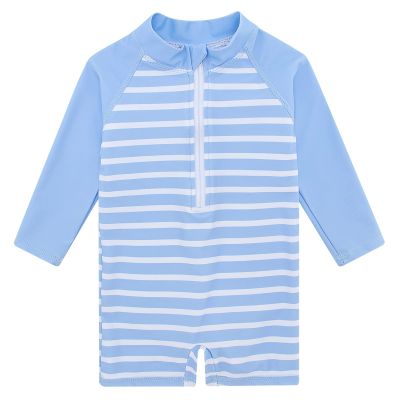 6-12 Months Baby Boys and Girls Swimsuit Blue Striped Long Sleeve Sunsuit One Piece Rash Guard Swimwear Swim Suit