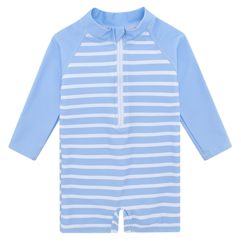 6-12 Months Baby Boys and Girls Swimsuit Blue Striped Long Sleeve Sunsuit One Piece Rash Guard Swimwear Swim Suit