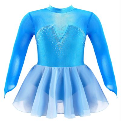 JEATHA Kids Girls Figure Ice Skating Dress Dance Costume Long Sleeve Mesh Splice Rhinestones Gymnastics Dancewear Blue C 6 Years