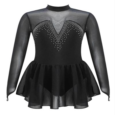 JEATHA Kids Girls Figure Ice Skating Dress Dance Costume Long Sleeve Mesh Splice Rhinestones Gymnastics Dancewear Black C 14 Years