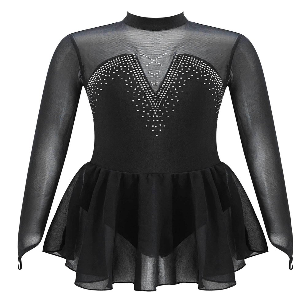 JEATHA Kids Girls Figure Ice Skating Dress Dance Costume Long Sleeve Mesh Splice Rhinestones Gymnastics Dancewear Black C 14 Years