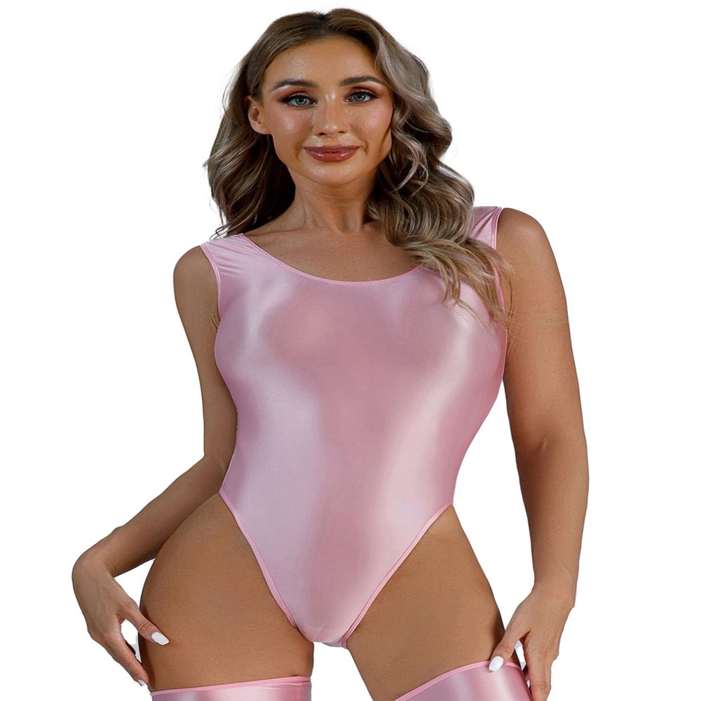 Linjinx Women's Glossy High Cut Bodysuit Sleeveless One-Piece Workout Fitness Gymnastics Leotard Pink X-Large
