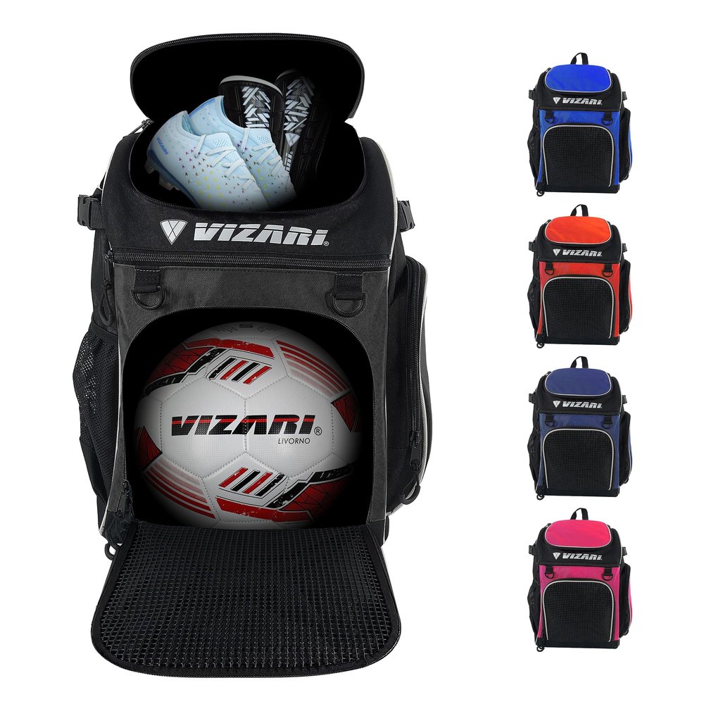 Vizari Soccer Backpack Soccer Bag | Water resistant Durable Equipment Bag for Football, Basketball, Volleyball | Cleats and Ball Compartment - Black, Blue, Red