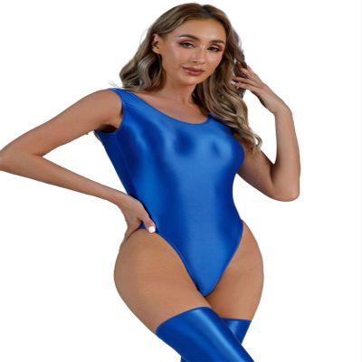 Linjinx Women's Glossy High Cut Bodysuit Sleeveless One-Piece Workout Fitness Gymnastics Leotard Blue Large