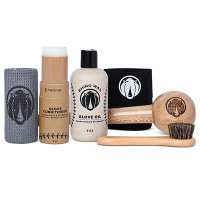 Rhino Wax - Baseball Glove Ultimate Break-in Kit - Includes Premium Oil for Ball Gloves, Mitt Conditioner, Hardwood Mallet, Wrap, Brush, and Microfiber Cloth - This is How to Break in a Glove Fast