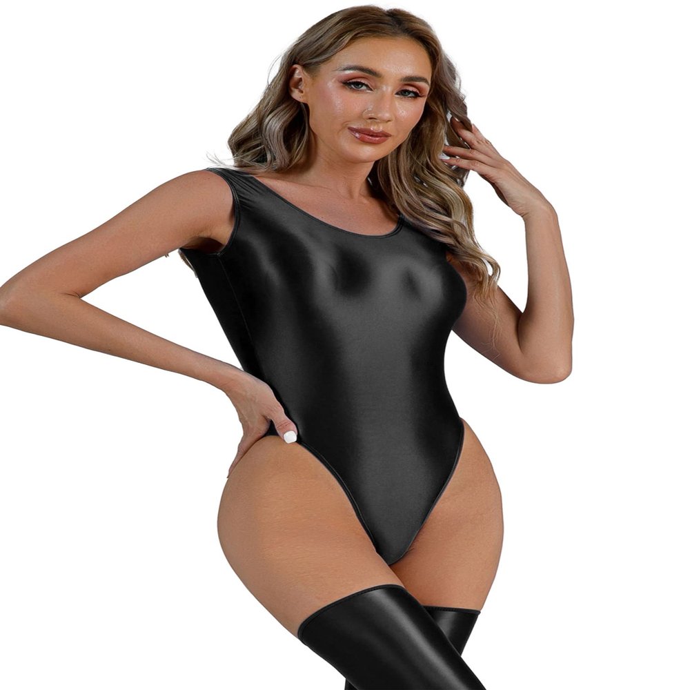 Linjinx Women's Glossy High Cut Bodysuit Sleeveless One-Piece Workout Fitness Gymnastics Leotard Black X-Large