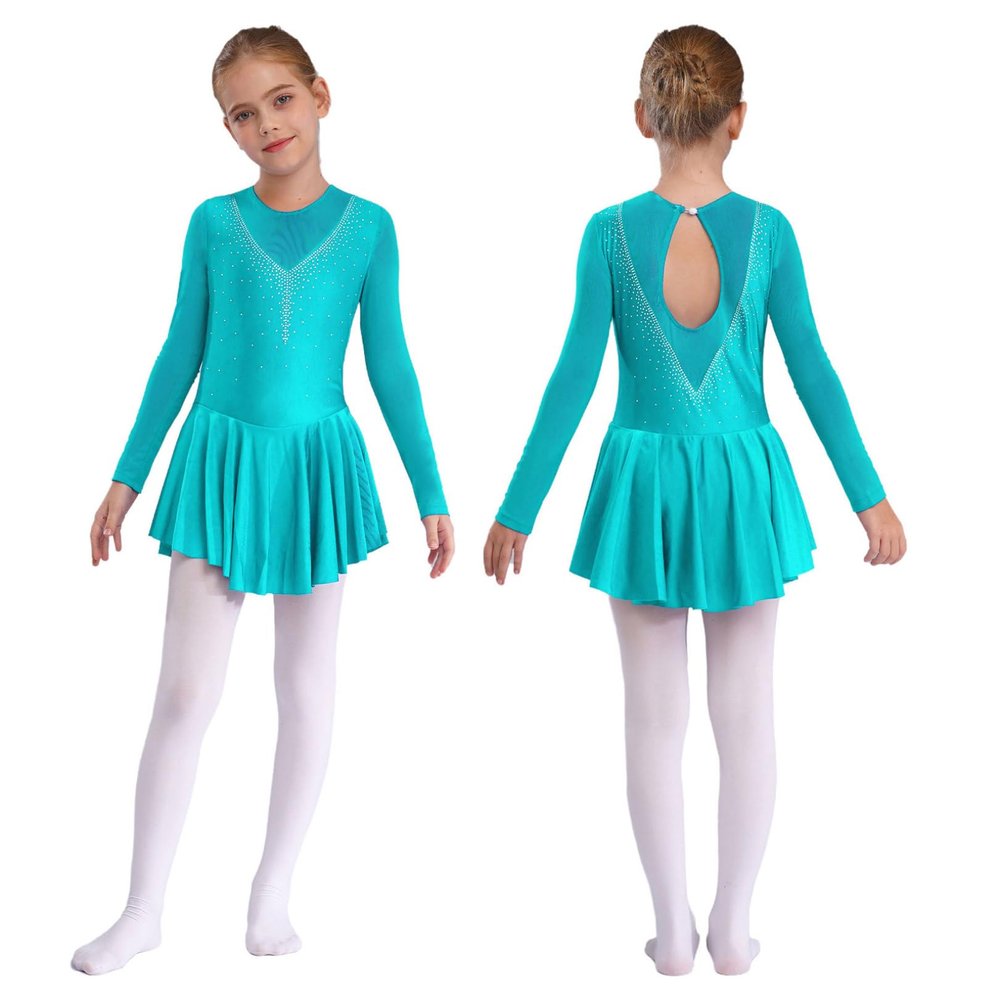 JEATHA Kids Girls Figure Ice Skating Dress Sparkle Rhinestones Mesh Long Sleeve Ballet Dance Leotard Dress Lake Green A 12