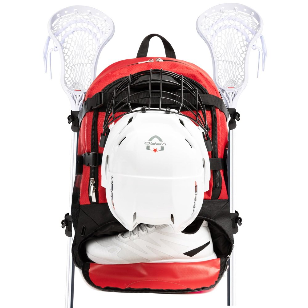 MARITTON Lacrosse Bag Backpack Large Backpack Holds All Lacrosse or Field Hockey Equipment - Two Stick Holders and Separate Cleats Shoe Compartment. (RED)