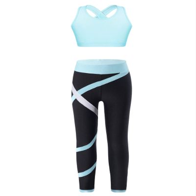Hansber Kids Girls Gymnastics Crop Top with Leggings Set 2 Piece Dance Sports Outfits Gym Yoga Running Activewear Light,Blue 8