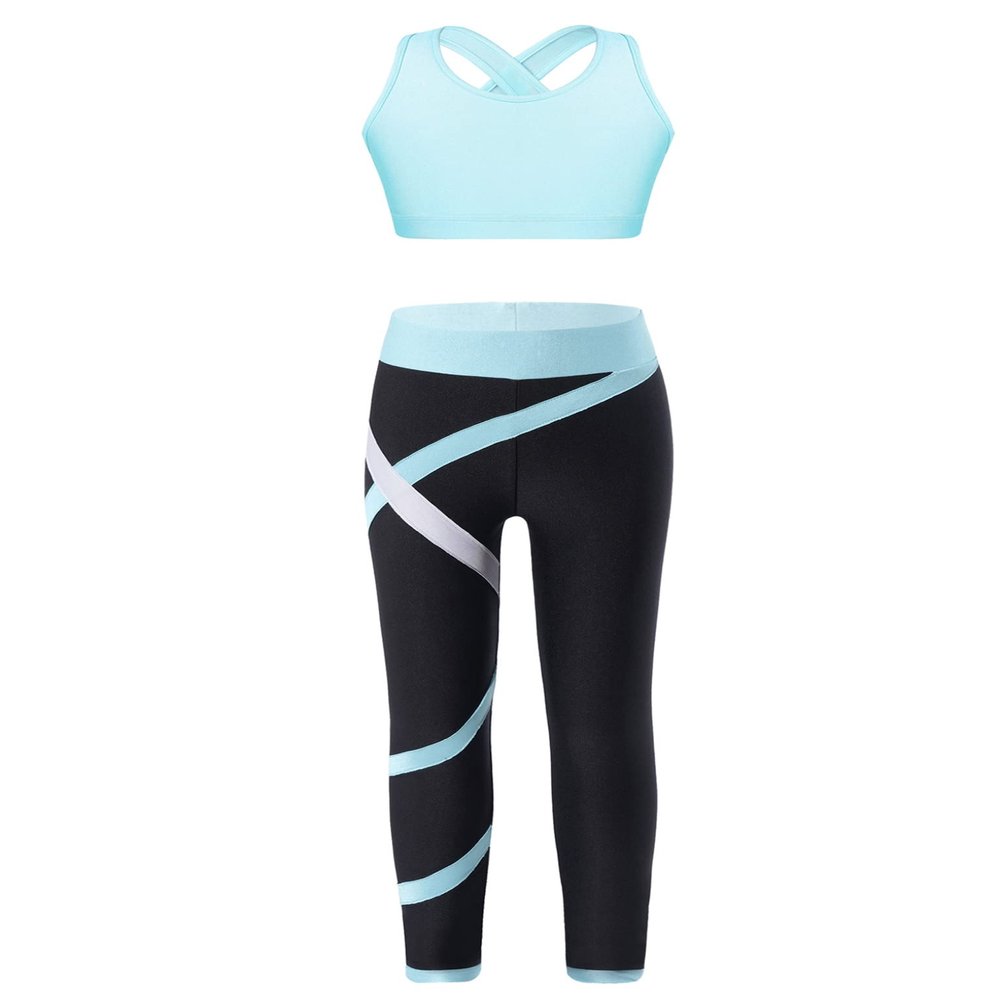 Hansber Kids Girls Gymnastics Crop Top with Leggings Set 2 Piece Dance Sports Outfits Gym Yoga Running Activewear Light,Blue 8