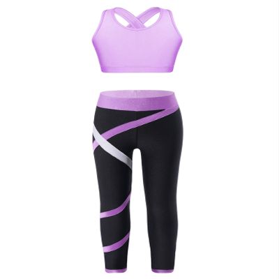 Hansber Kids Girls Gymnastics Crop Top with Leggings Set 2 Piece Dance Sports Outfits Gym Yoga Running Activewear Lavender 16