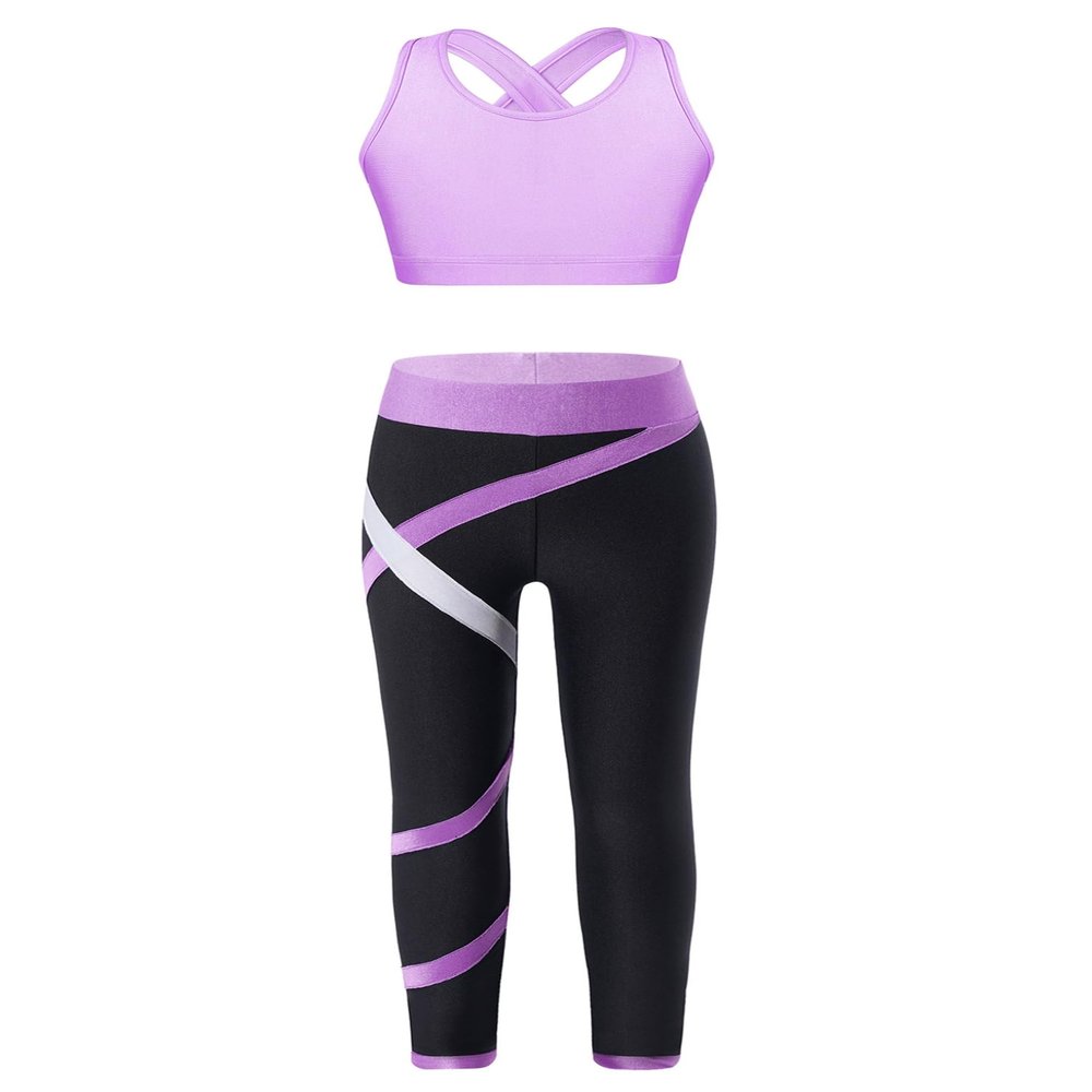 Hansber Kids Girls Gymnastics Crop Top with Leggings Set 2 Piece Dance Sports Outfits Gym Yoga Running Activewear Lavender 16