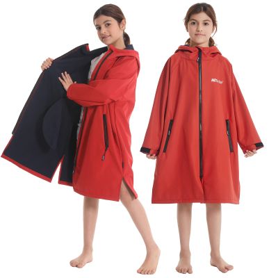 Hiturbo Kids Waterproof Swim Parka: Thin Fleece Swimming Coat - Oversized Swimmer Jacket - Knee Length Swim Team Outfit (9-13Y, Red)