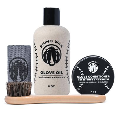Rhino Wax - Baseball Gloves Standard Maintenance Kit - Includes: Base Ball Glove Oil (8 oz), Mitt Conditioner (4 oz), Horsehair Brush + Microfiber Cloth - Moisturize and Protect - Proudly Made in USA