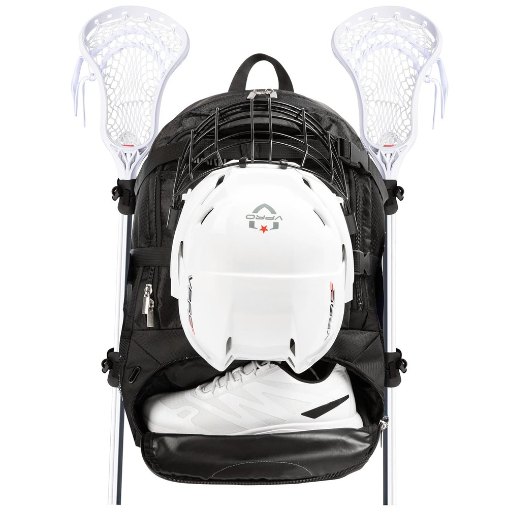 MARITTON Lacrosse Bag Backpack Large Backpack Holds All Lacrosse or Field Hockey Equipment - Two Stick Holders and Separate Cleats Shoe Compartment. (BLK)