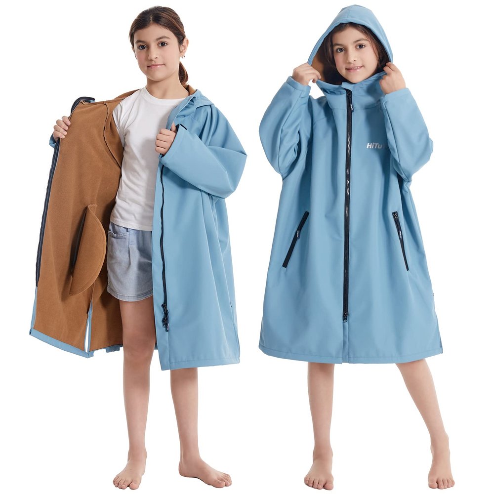 Hiturbo Kids Waterproof Swim Parka: Thin Fleece Lined Swimming Coat - Oversized Swimmer Jacket for Surf Swim Team (8-12Y, Blue)