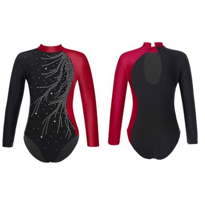 JEATHA Kids Girls Rhinestone Ballet Dance Leotard Gymnastics Playsuit Long Sleeve Mock Neck Bodysuit Tops Burgundy 6 Years