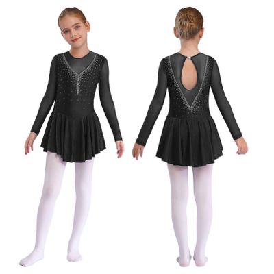JEATHA Kids Girls Figure Ice Skating Dress Sparkle Rhinestones Mesh Long Sleeve Ballet Dance Leotard Dress Black Flower 8