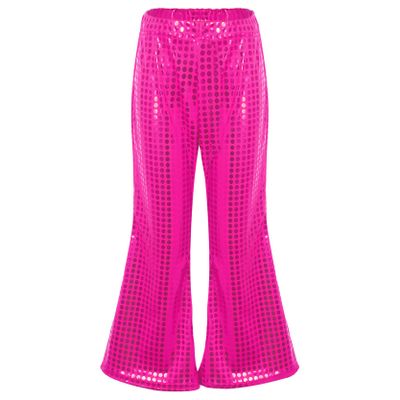 Loloda Girls Kids Shiny Metallic High Waisted Flare Pants Solid Color Hip Hop Jazz Streetwear Dancewear Bell Bottoms Hot Pink 3-4 Years