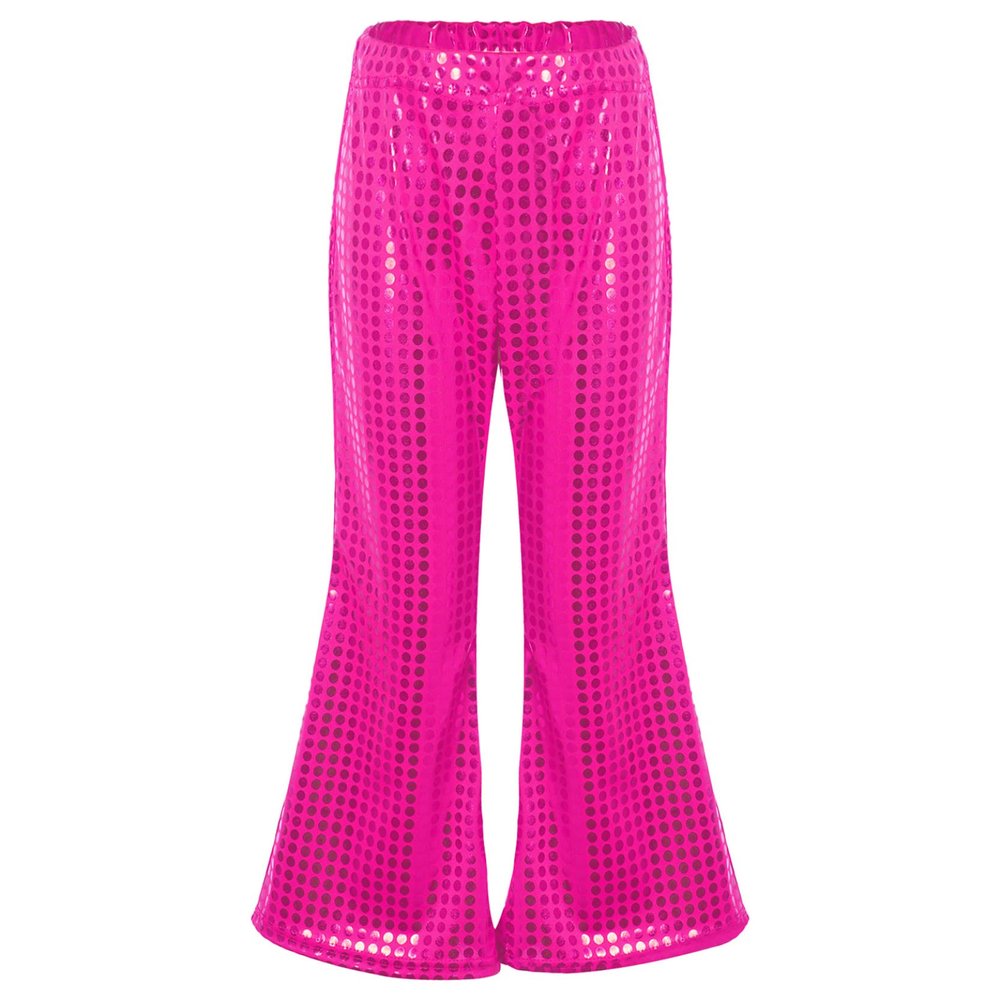 Loloda Girls Kids Shiny Metallic High Waisted Flare Pants Solid Color Hip Hop Jazz Streetwear Dancewear Bell Bottoms Hot Pink 3-4 Years