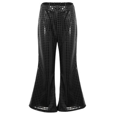 Loloda Girls Kids Shiny Metallic High Waisted Flare Pants Solid Color Hip Hop Jazz Streetwear Dancewear Bell Bottoms Black 13-14 Years