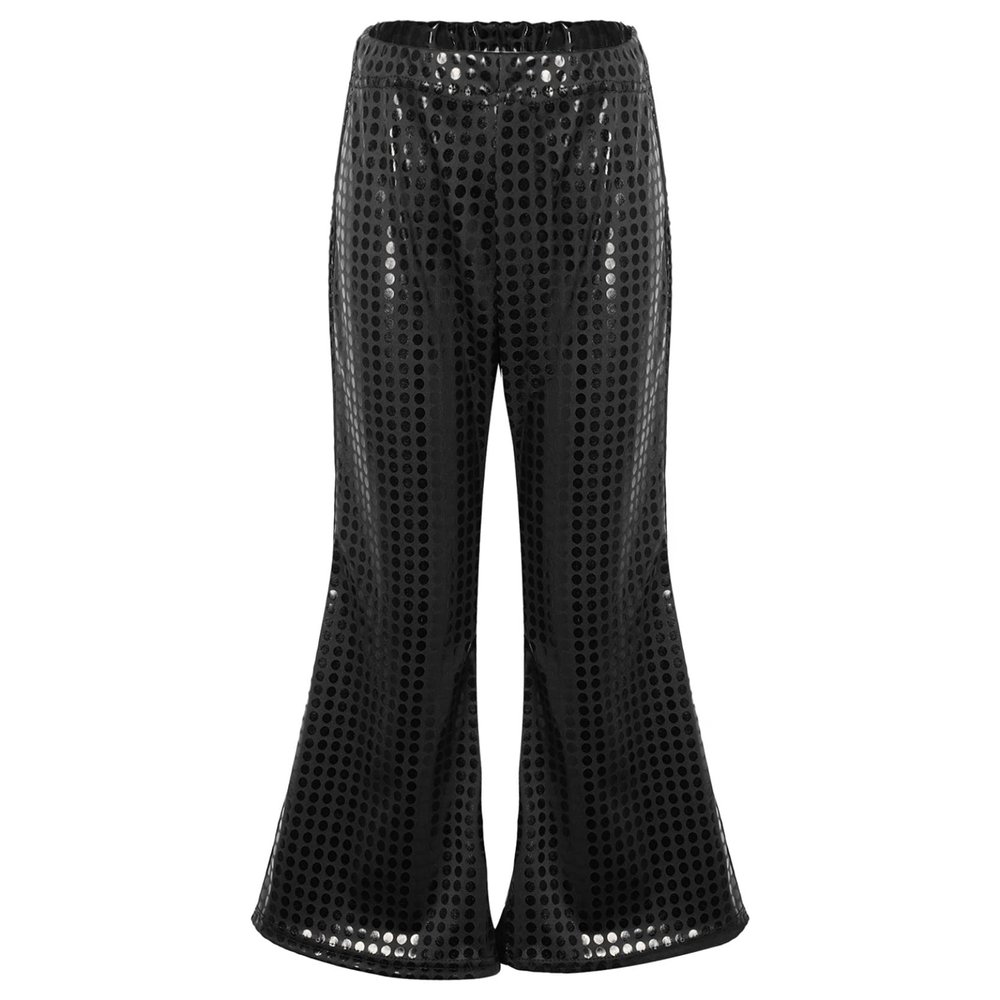 Loloda Girls Kids Shiny Metallic High Waisted Flare Pants Solid Color Hip Hop Jazz Streetwear Dancewear Bell Bottoms Black 13-14 Years