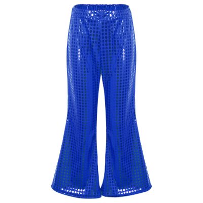 Loloda Girls Kids Shiny Metallic High Waisted Flare Pants Solid Color Hip Hop Jazz Streetwear Dancewear Bell Bottoms Royal Blue 13-14 Years