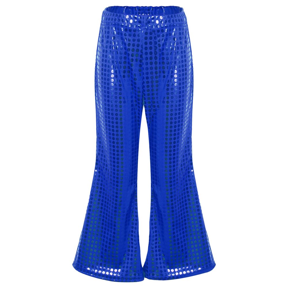 Loloda Girls Kids Shiny Metallic High Waisted Flare Pants Solid Color Hip Hop Jazz Streetwear Dancewear Bell Bottoms Royal Blue 13-14 Years