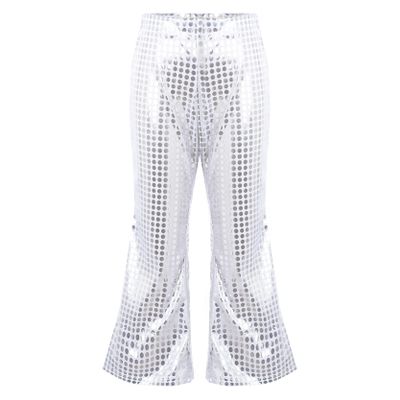Loloda Girls Kids Shiny Metallic High Waisted Flare Pants Solid Color Hip Hop Jazz Streetwear Dancewear Bell Bottoms Silver 15-16 Years