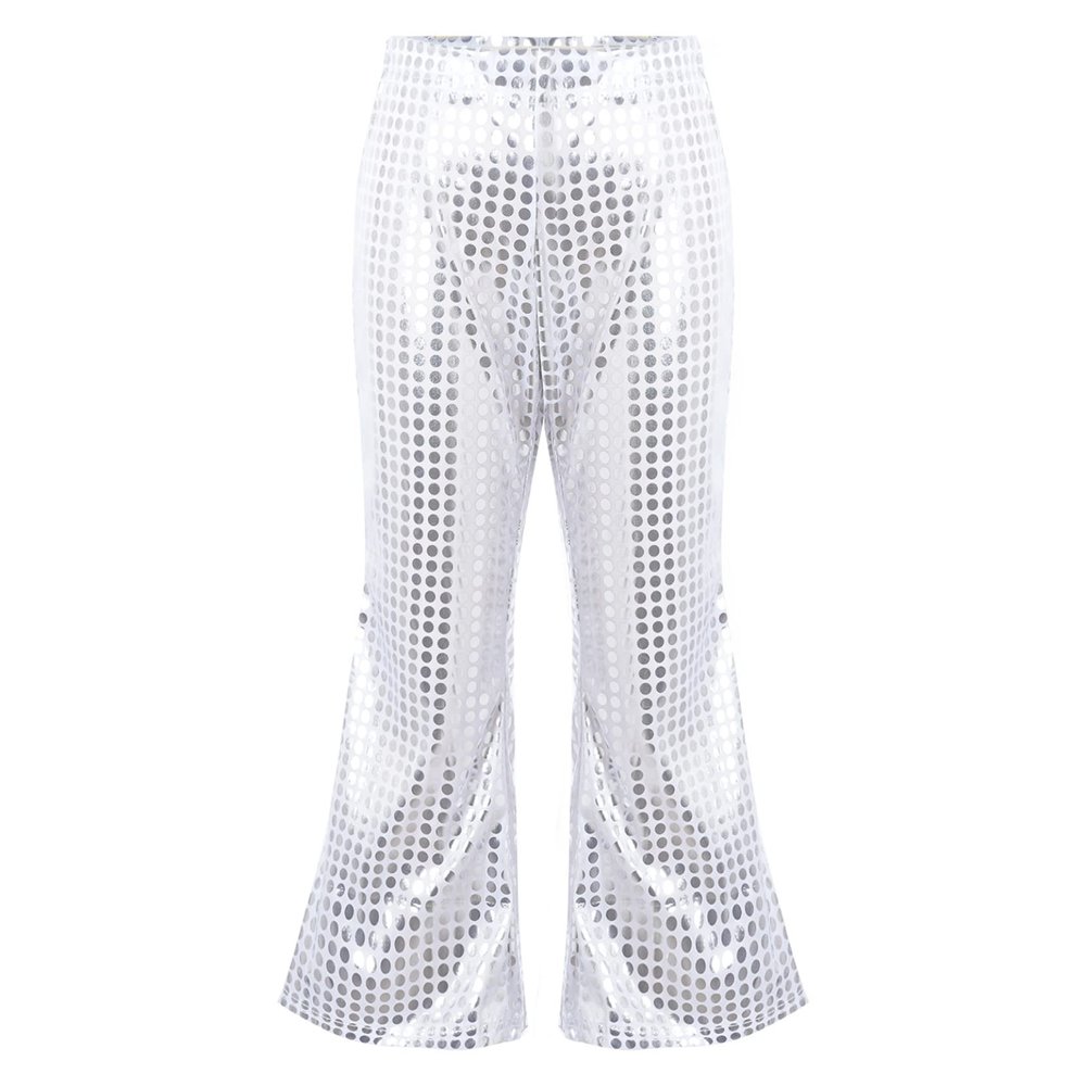 Loloda Girls Kids Shiny Metallic High Waisted Flare Pants Solid Color Hip Hop Jazz Streetwear Dancewear Bell Bottoms Silver 15-16 Years