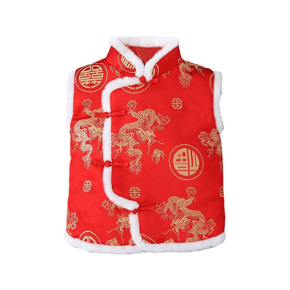 Toddler Kids Fleece Vest Coat Chinese Calendar New Year Sleeveless Traditional Tang Suit Tops (Red, 18-24 Months)