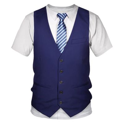 YOOJIA Mens Short Sleeve Funny Shirt Casual Formal Party Fake Suit Printed Tuxedo T Shirt Blue Large